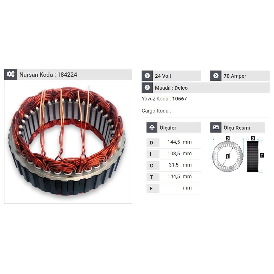 24V ALTERNATÖR STATÖR DELCO TİPİ 70 A (3 UÇLU) 24SI CUMMINS MOTOR