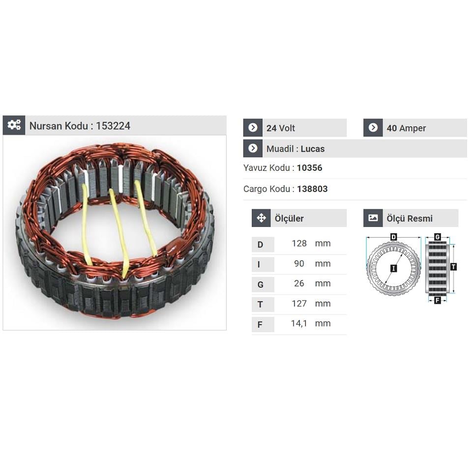 24V ALTERNATÖR STATÖR LUCAS TİPİ 40 A (3 UÇLU) BMC PROFESYINEL-CHRYSLER-HINO-SCANIA 111/112