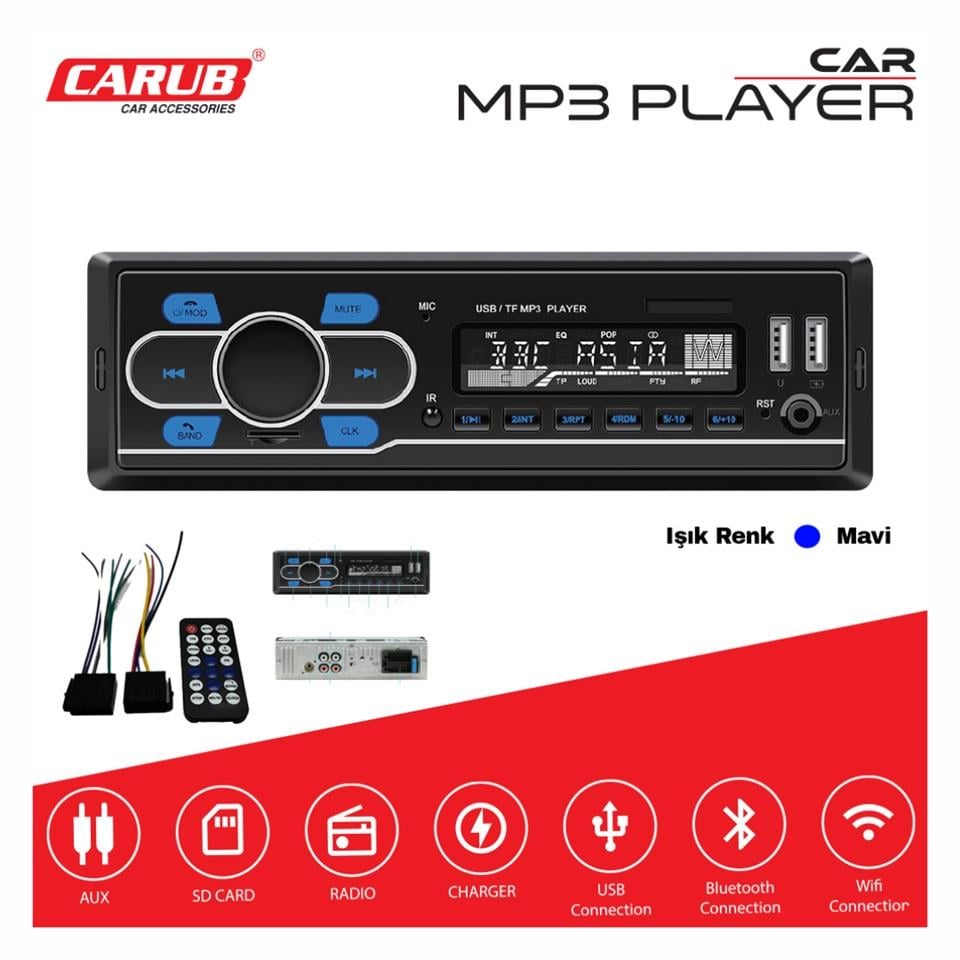 OTO TEYP-RADYO AUX/BLUETOOTH/MP3/SD KART/USB X 2 ŞARJ (UZAKTAN KUMANDALI) (MAVİ IŞIKLI)