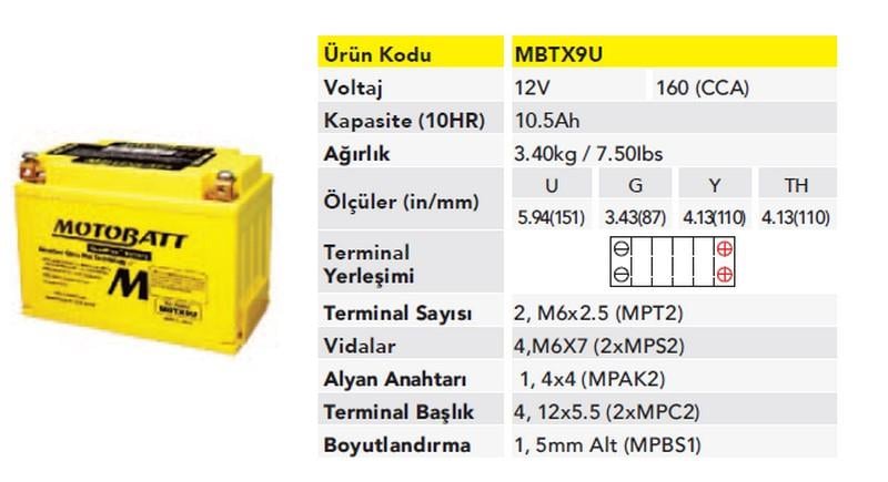 MOTOBATT 12V 8 AH/10.5 AH MOTOSİKLET AKÜSÜ 160 A (EN) (151*87*110) (YTX9-BS)