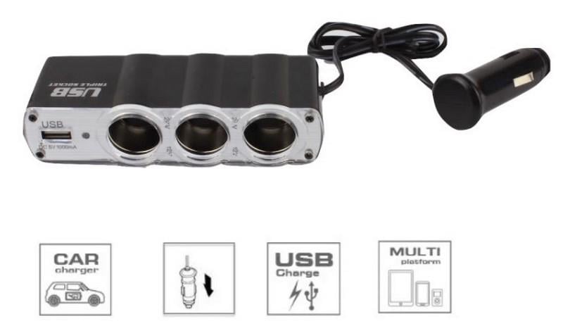 12V-24V ÇAKMAK SOKETİ (ENERJİ SOKETİ) (ÇAKMAK 3 + USB 1 ŞARJLI 0.5 A) (KABLOLU)