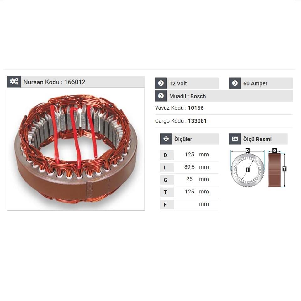 12V ALTERNATÖR STATÖR BOSCH TİPİ 60 A AUDI-BMC-OPEL-VW