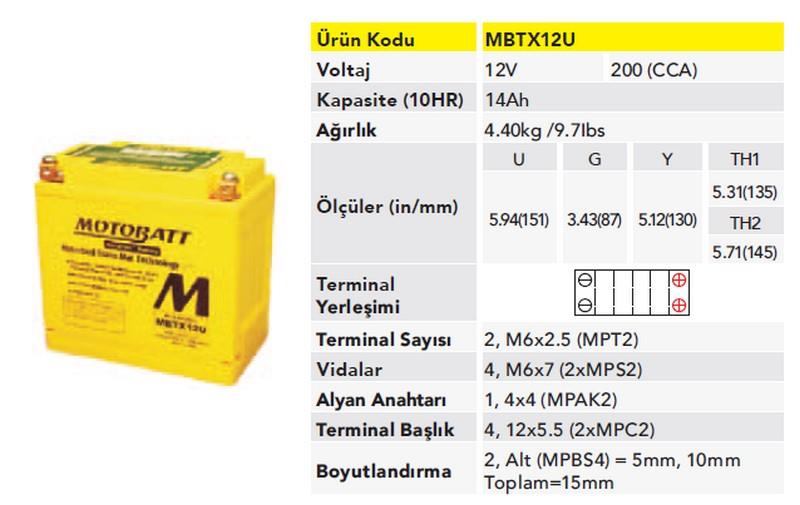 MOTOBATT 12V 10 AH/14 AH MOTOSİKLET AKÜSÜ 200 A (EN) (151*87*130 MM) (YTX12-BS)