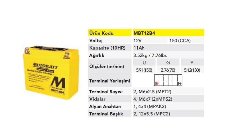 MOTOBATT 12V 11 AH MOTOSİKLET AKÜSÜ 150 A (EN) (150*70*130) (YT12B-BS)