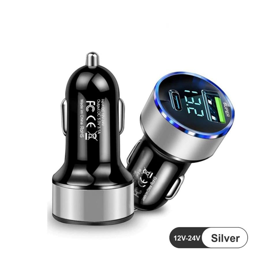 12V-24V TELEFON ŞARJ CİHAZI 3 A HIZLI ŞARJ VOLTAJ GÖSTERGELİ (ÇAKMAK GİRİŞLİ) (USB+TYPE-C) GÜMÜŞ GRİ