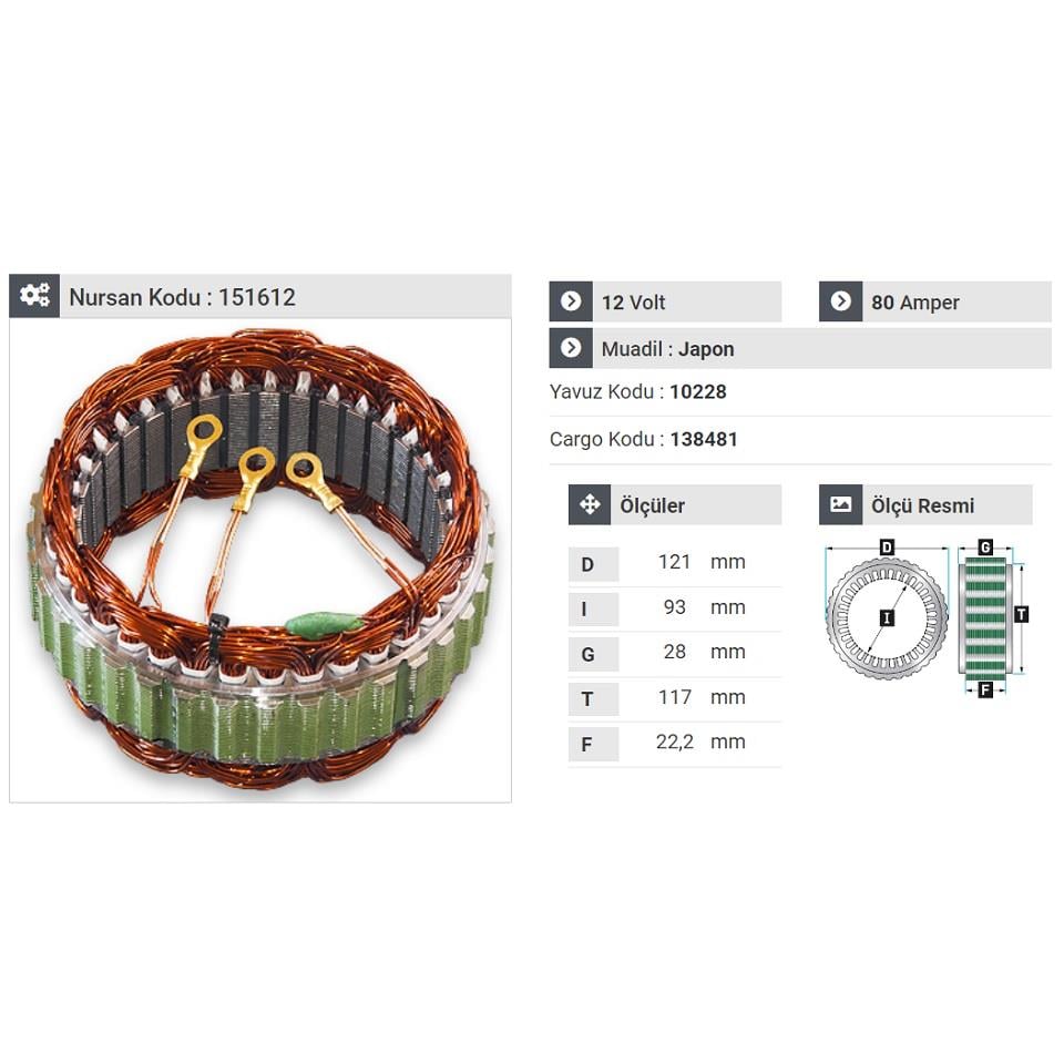 12V ALTERNATÖR STATÖR HITACHI TİPİ 80 A (3 UÇLU) NISSAN