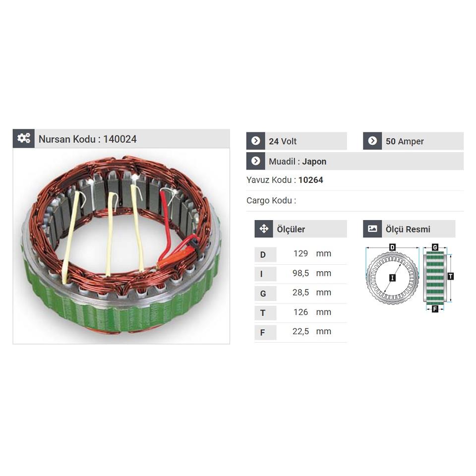 24V ALTERNATÖR STATÖR 50 A (4 UÇLU) ISUZU KAMYON 98 >