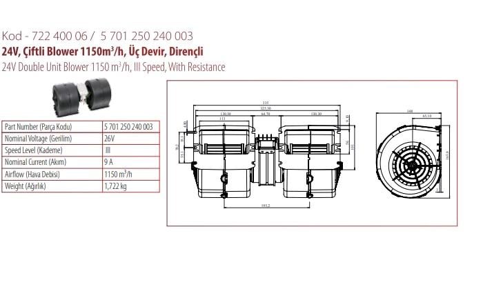 KORMAS 24V KALORİFER MOTORU (BLOWER) (325*148) (3 DEVİR)