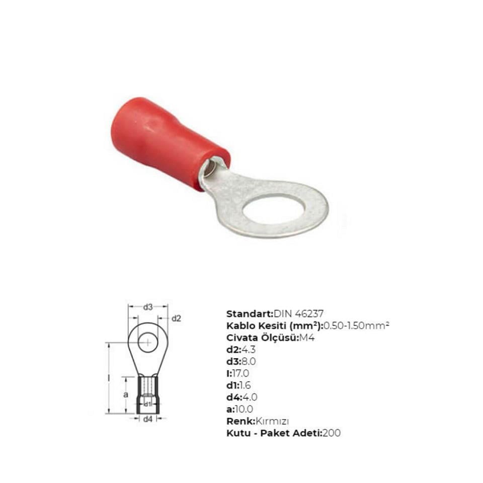 KABLO UCU İZOLELİ (KIRMIZI) (0.5-1.5 MM KABLO UYUMLU) (DELİK ÇAPI:4 MM)