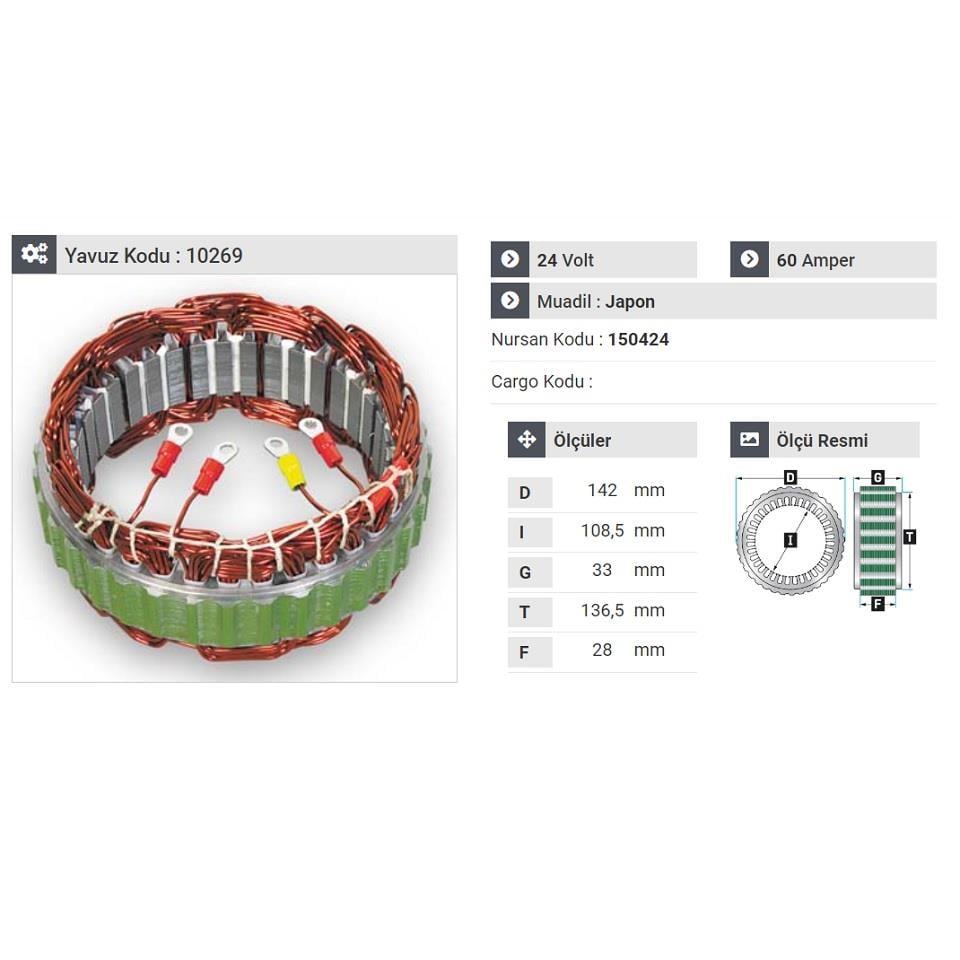 24V ALTERNATÖR STATÖR 60 A (4 UÇLU TEK KABLO) ISUZU CHAMPION