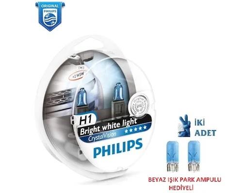 PHILIPS 12V H1 AMPUL 55W CRYSTAL VISION 4300K + (T10 DİPSİZ AMPUL)  (2 AD)