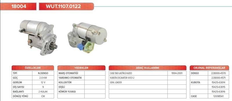 12V MARŞ MOTORU NIPPON DENSO TİPİ 9 DİŞ 2 KW CW LS TRAKTÖR-KUBOTA İŞ MAKİNASI