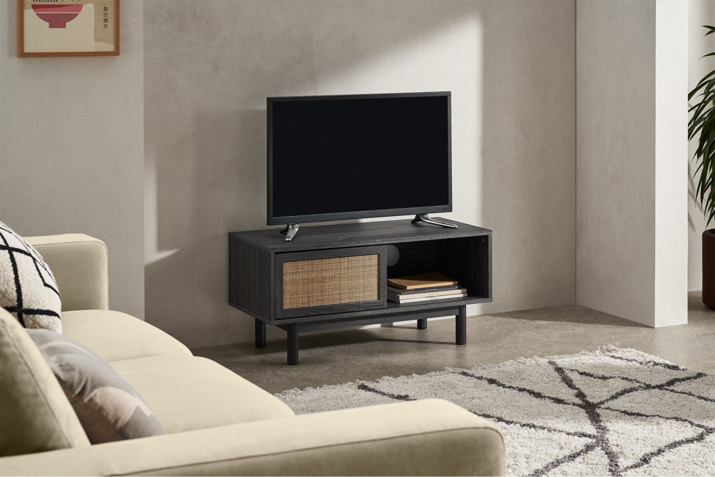 Pavia Compact Media Unit, Natural Rattan  Black Wood Effect