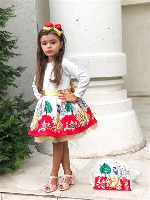 Cicim Moda Pamuk Prenses Yedi Cüceler Kız Çocuk Elbise Çantalı Taçlı