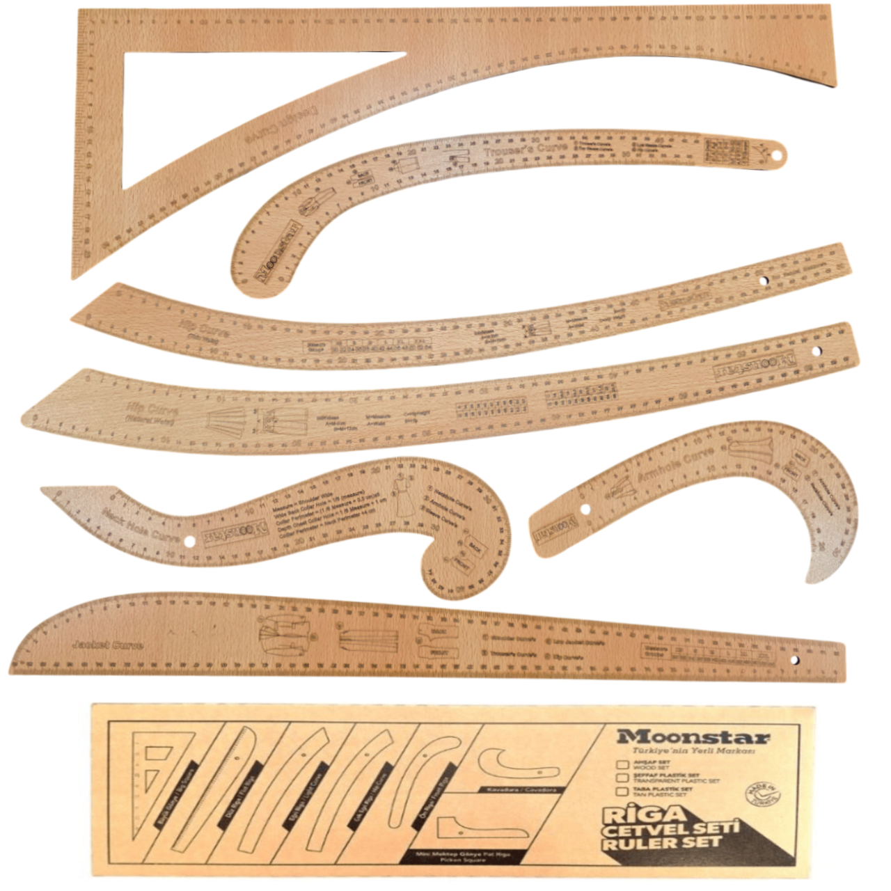 Cetvel ÇeşitleriMoonstarFransız Kurvesi Ahşap Riga Cetvel Takım (7 Parça Kutulu)