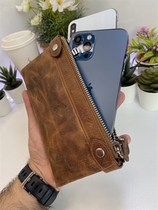 ANTHONY CRAZY BROWN GENUINE LEATHER  DUBLE PHONE WALLET