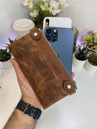 ANTHONY CRAZY BROWN GENUINE LEATHER  DUBLE PHONE WALLET