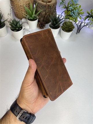 JEFF CRAZY BROWN GENUINE LEATHER PHONE WALLET