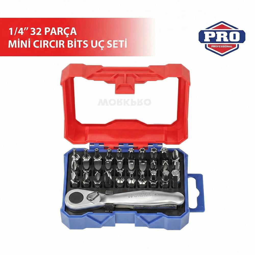 WORKPRO WP200534 32 Parça 1/4’ Profesyonel Mini Cırcır Lokma Kollu Bits Vidalama Seti