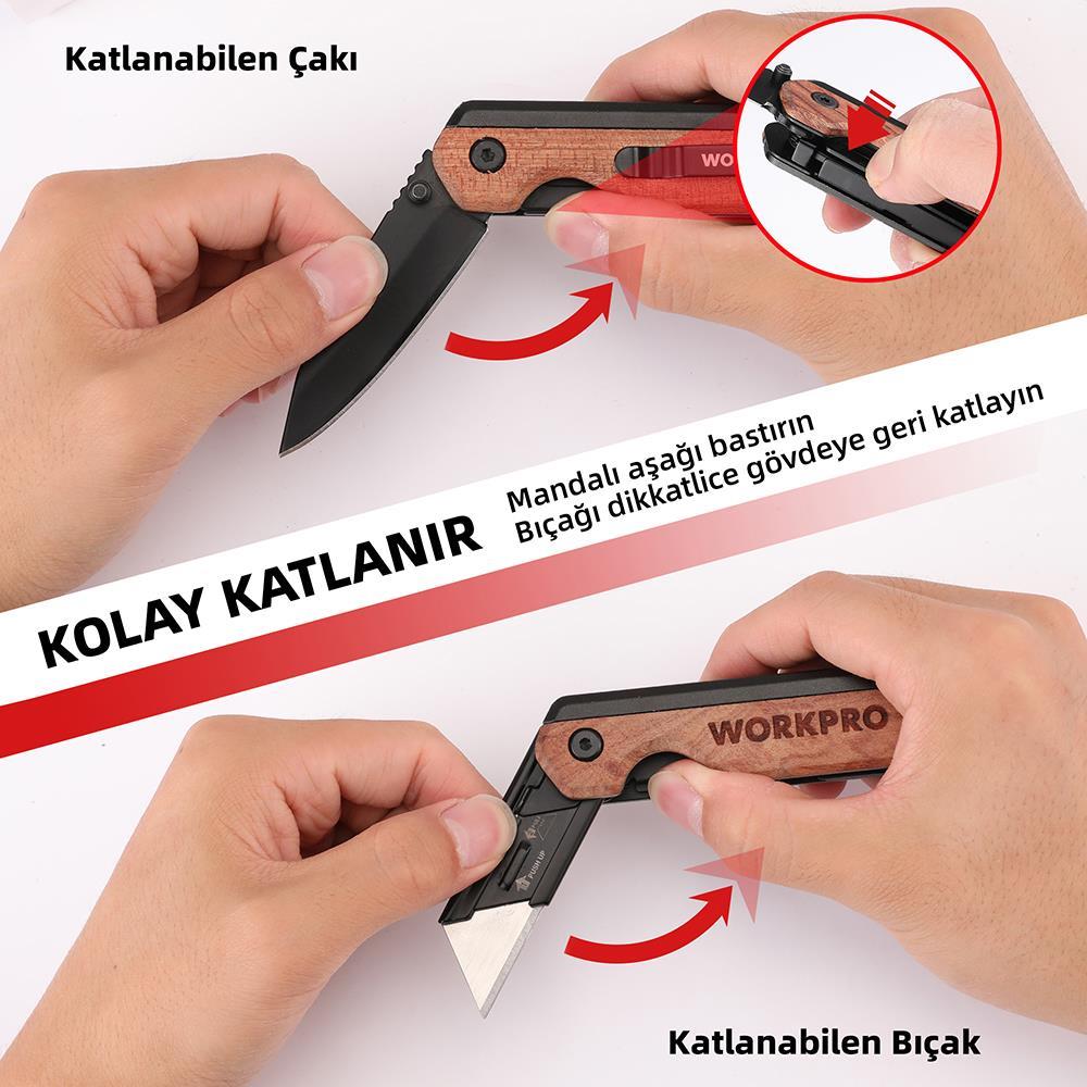 WORKPRO WP211015 2-IN-1 Ahşap Saplı Profesyonel Cep Çakısı & Katlanır Rötuş Maket Bıçağı + 11 Adet Yedek Bıçak