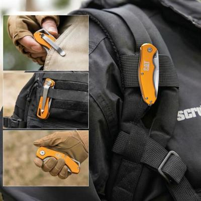 CAT DA980011 Kemer Askı Kancalı Cam Kırma Uçlu Katlanabilir 17CM Paslanmaz Çelik Sarı Kamp Çakısı