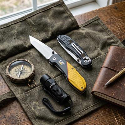 CAT DA980047 Kemer Askı Kancalı Katlanabilir 18CM Paslanmaz Çelik Kamp Çakısı