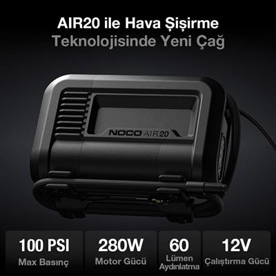 NOCO AIR20 12Volt Akü Bağlantı Maşalı 100 PSI Ayarlanabilir Dijital Basınç Göstergeli Profesyonel Lastik Şişirme Pompası