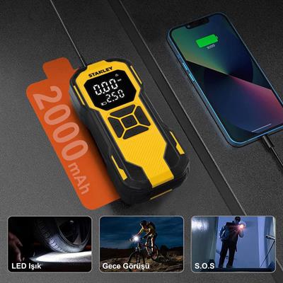 STANLEY SXIF0101 12V / Şarjlı Li-ion 150 PSI Dijital Göstergeli Akıllı Lastik Şişirme Pompası+Powerbank+SOS+Led Lamba