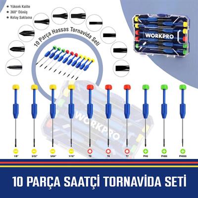 WORKPRO WP200530 CR-V 10 Parça Profesyonel Manyetik Hassas Tornavida Seti