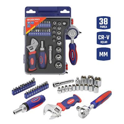 WORKPRO WP200555 1/4’ 1/2’’ 38 Parça Cr-V Lokma ve Topaç Cırcır Araç Tamir Seti