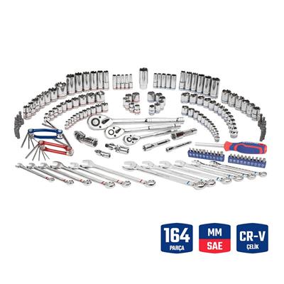 WORKPRO WP202530 1/4’ 3/8’’ 1/2’ Metrik/İnç 164 Parça Cr-V Ağır Hizmet Lokma ve Kombine Anahtar Takımı