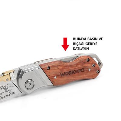 WORKPRO WP211014 Ağır Hizmet Paslanmaz Çelik/Ahşap Gövde Katlanır Rötuş Maket Bıçağı + 10 Adet Yedek Bıçak