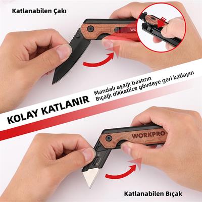 WORKPRO WP211015 2-IN-1 Ahşap Saplı Profesyonel Cep Çakısı & Katlanır Rötuş Maket Bıçağı + 11 Adet Yedek Bıçak