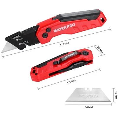 WORKPRO WP211026 Katlanır Çok Amaçlı Profesyonel Rötuş Maket Bıçağı + 14 Adet Yedek Bıçak