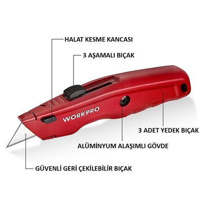 WORKPRO WP213017 Ağır Hizmet Alüminyum Gövde Geri Çekilebilir Rötuş Maket Bıçağı + 3 Adet Yedek Bıçak