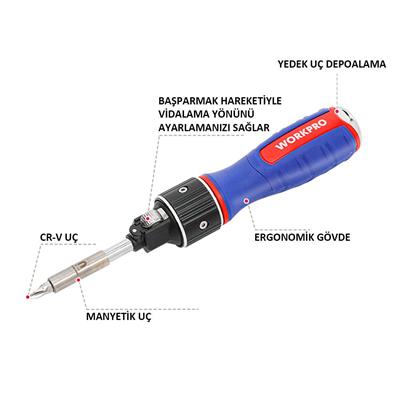 WORKPRO WP221069 6-IN-1 Profesyonel CR-V Cırcırlı Manyetik Tornavida Seti