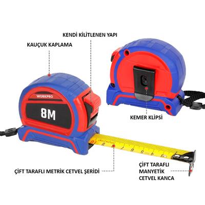 WORKPRO WP261044 8Mx25mm Naylon Kaplama Sarı Çift Taraflı Manyetik Çelik Şerit Metre