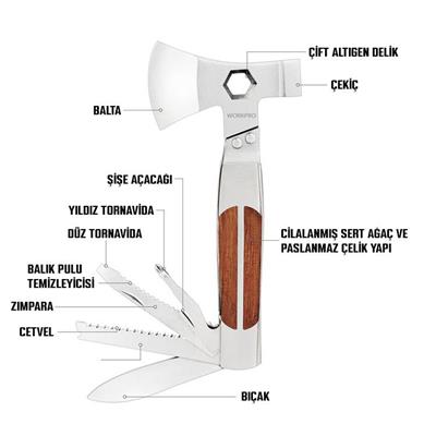 WORKPRO WP383001 12 IN 1 Çok Fonksiyonlu Profesyonel Mini Balta/Çekiç Alet Seti + Taşıma Kılıfı