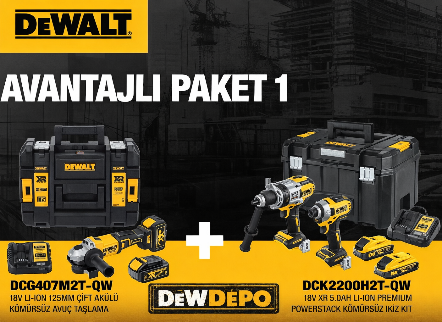 Dewalt 3'lü Makine Seti 18V Kömürsüz 2x4 Ah + 2x5 Ah Akü