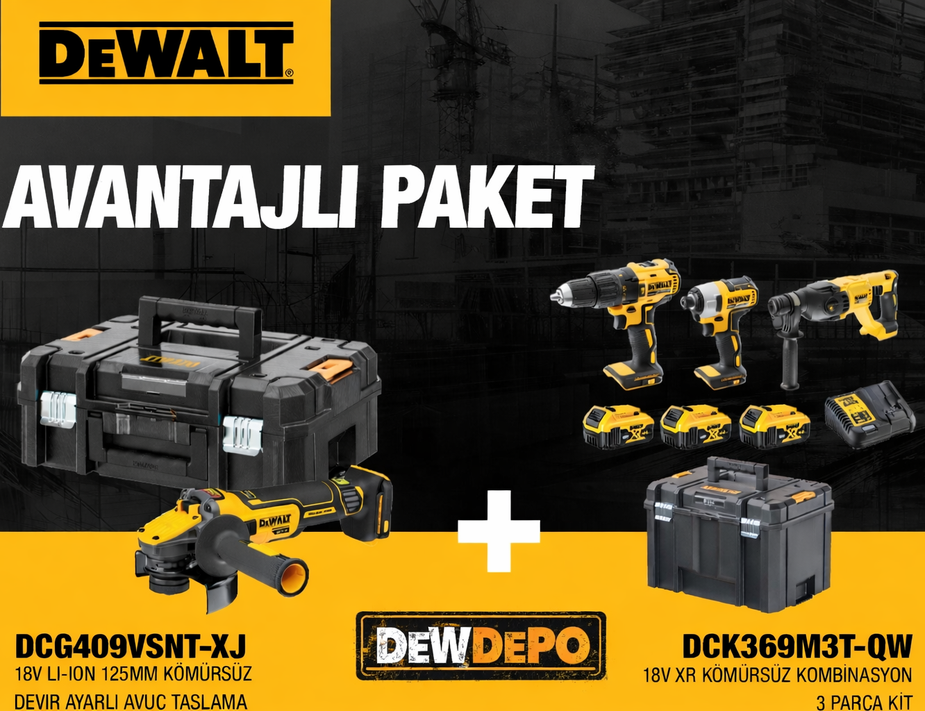 Dewalt 4'lü Makine Seti 18V Kömürsüz 3x4 Ah Akü