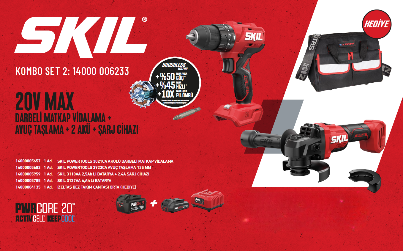 SKIL Kombo Set Darbeli Matkap Vidalama + Avuç Taşlama 20V 14000006233