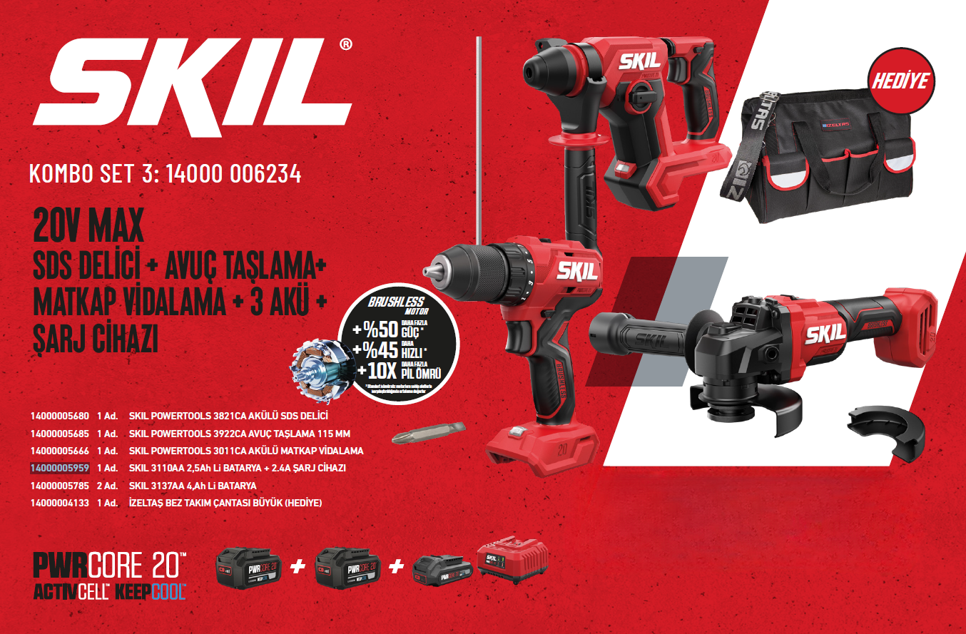 SKIL Kombo Set SDS Delici + Avuç Taşlama + Matkap Vidalama 20V 14000006234