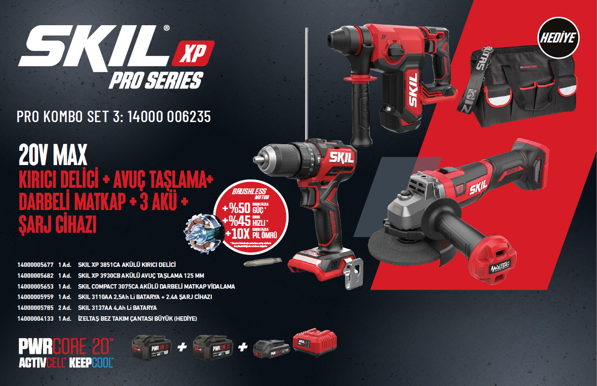 SKIL Pro Kombo Set Kırıcı Delici + Avuç Taşlama + Darbeli Matkap 20V 14000006235