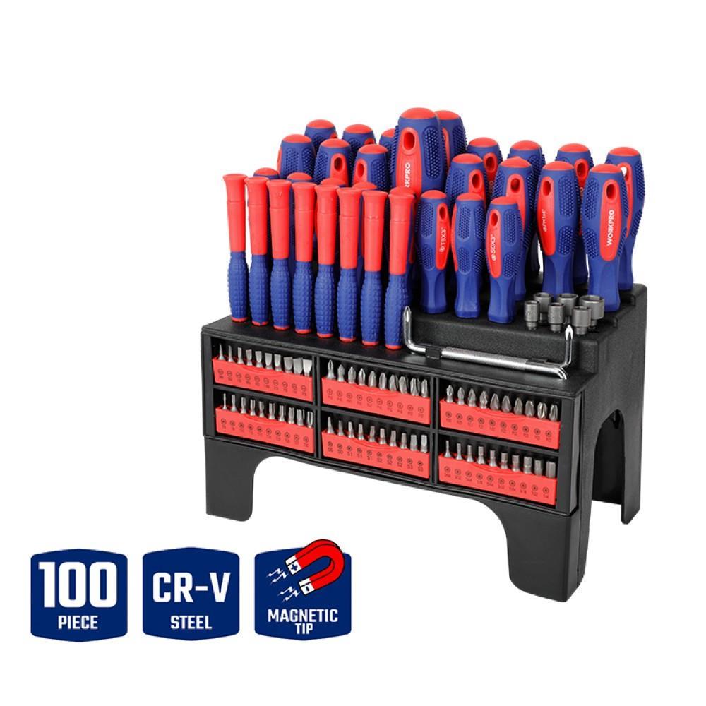 WORKPRO WP200560 100 Parça Duvar Askı Aparatlı Profesyonel CR-V Manyetik Tornavida ve Bits Uç Seti