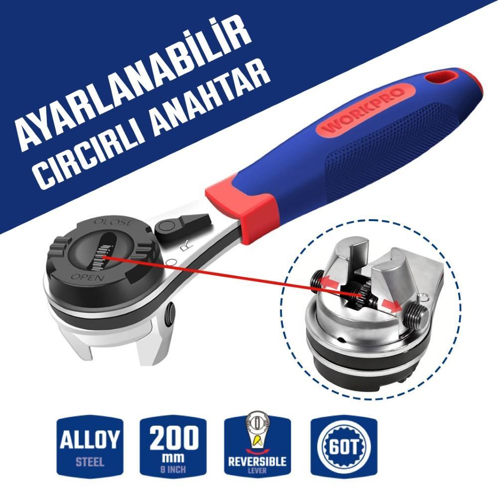 WORKPRO WP272063 7-22mm CR-V Profesyonel Ayarlanabilir 200mm Cırcır Anahtar