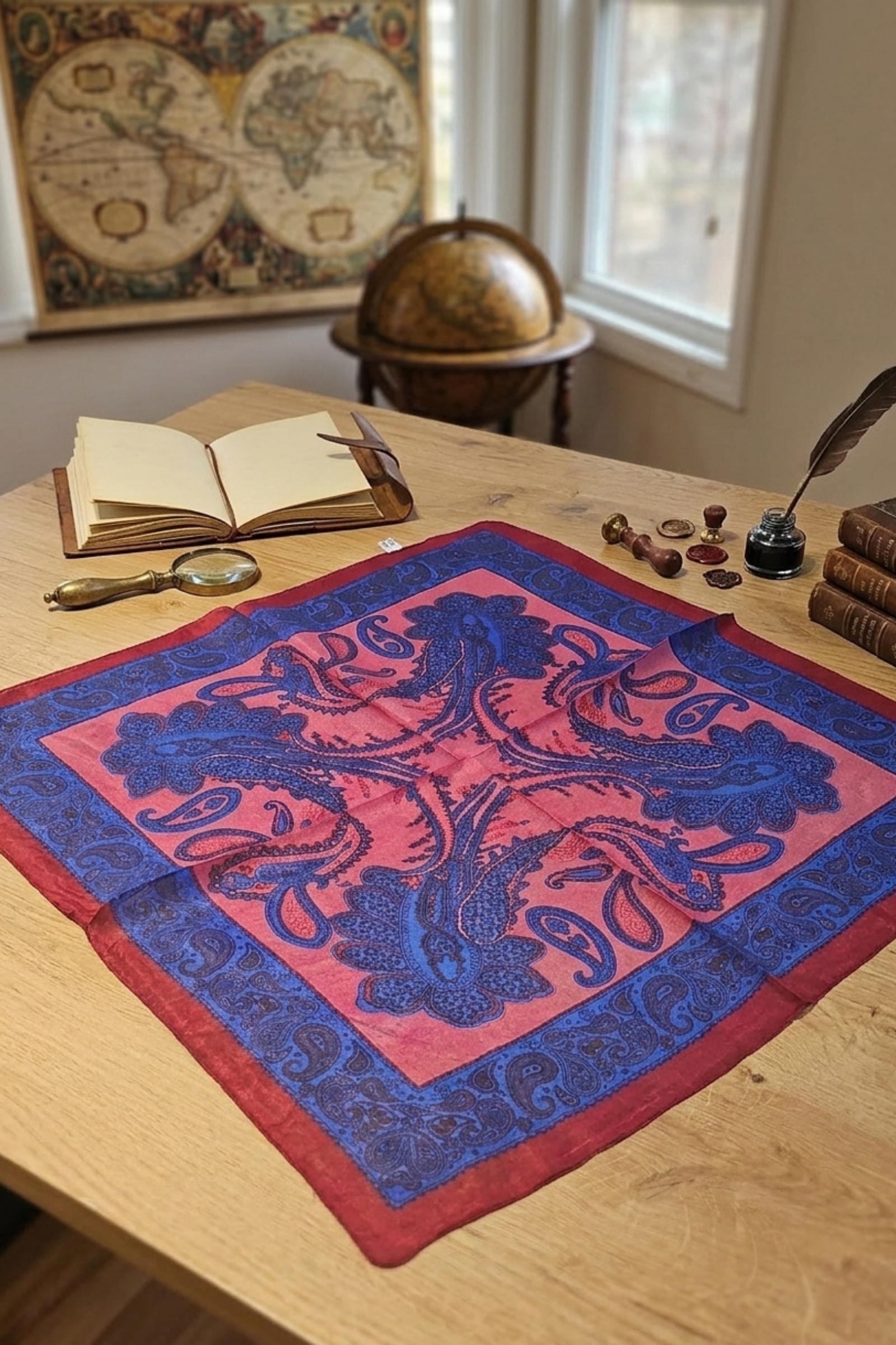 Bordo Mavi Paisley Desen İpek Mendil  Bahtiyar İpek İpek Mendil