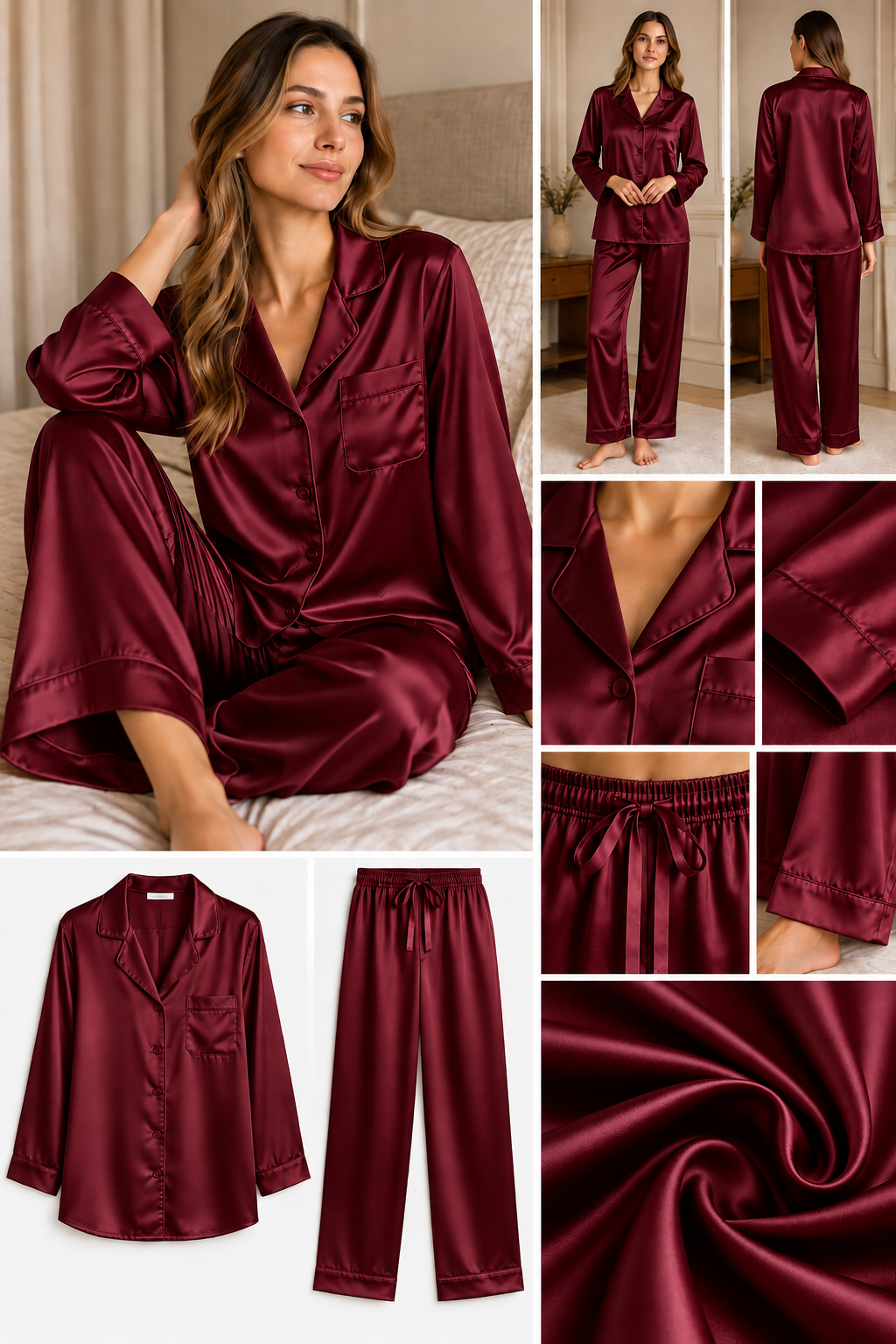 Bordo Uzun Kol İpek Pijama Takımı  Bahtiyar İpek İpek Pijama Takımı