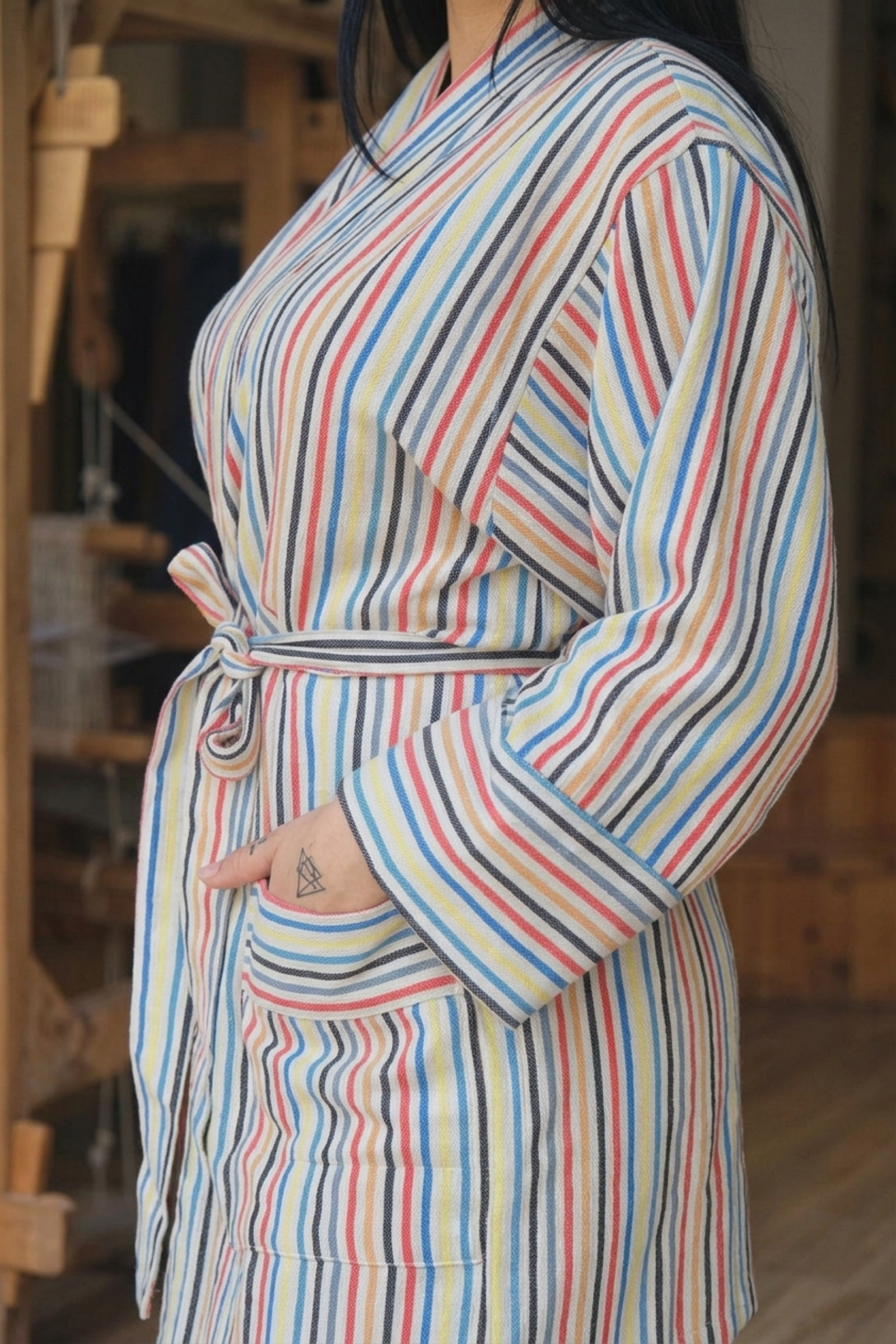 Çok Renkli Çizgili Pamuk Kimono  Bahtiyar İpek Kimono