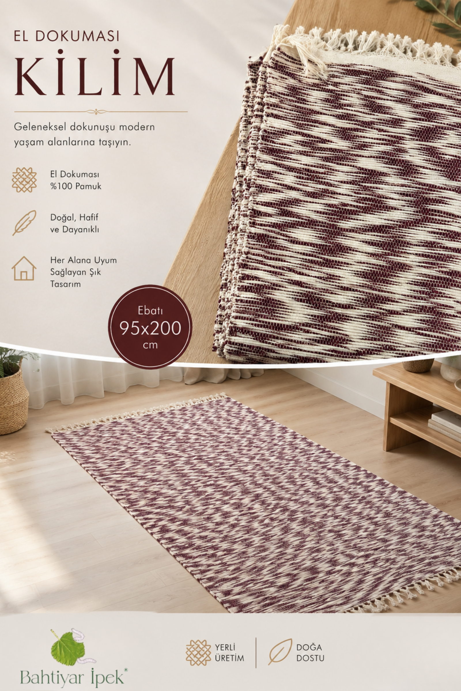 El Dokuma Bordo Çizgili Kilim  Bahtiyar İpek Kilim