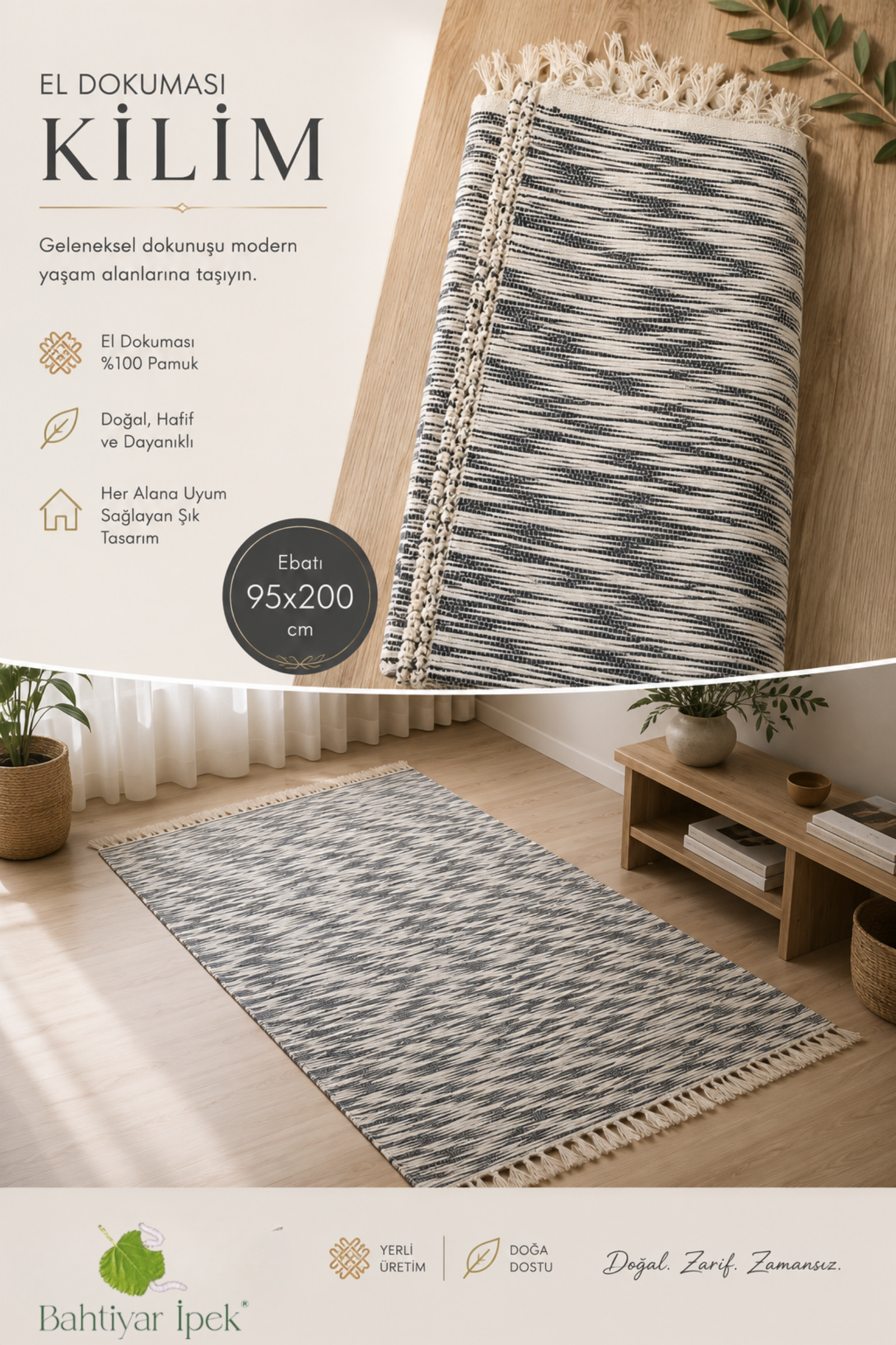 El Dokuma Haki Çizgili Kilim  Bahtiyar İpek Kilim